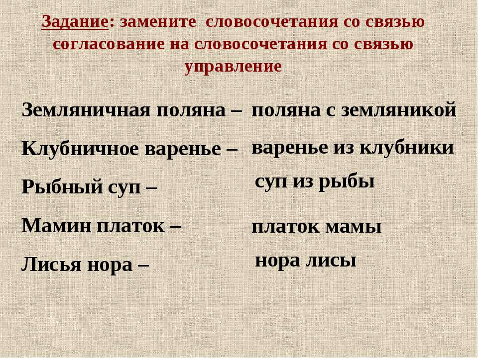 Управление со словом. Управление и согласование в словосочетаниях. Словосочетание со связью согласование. Словосочетания из согласования в управление. Связь управление в словосочетании.