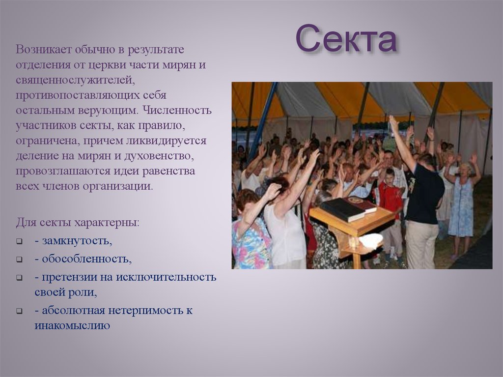 Возникнуть обычный. Секта. Секта это в обществознании. Примеры сект. Виды религиозных сект.