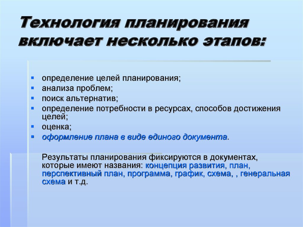 Технология планирования включает такие этапы как организация и контроль исполнения плана