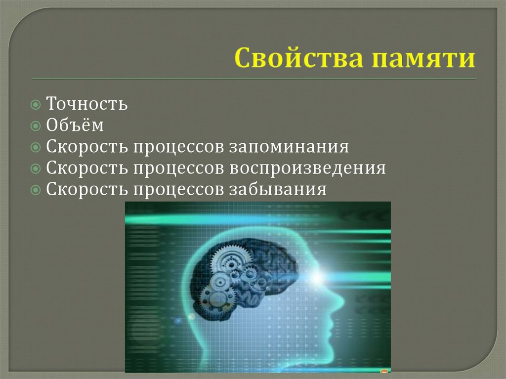 Свойства памяти. Скорость запоминания памяти. Свойство точность памяти. Свойства памяти человека.