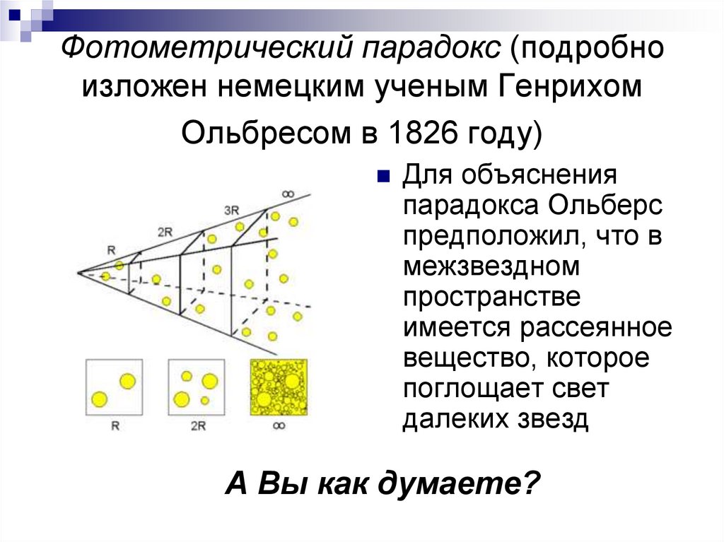 Что такое парадокс. Парадокс Шезо Ольберса. Фотометрический парадокс. Фотометрический парадокс Ольберса кратко. Парадокс Ольберса кратко.