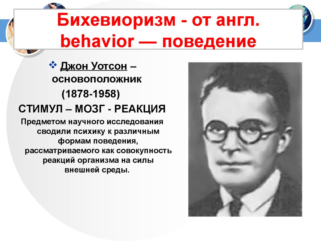 Предмет изучения бихевиоризма: 2. Бихевиоризм (предмет исследования,  основной метод исследования, образ человека, достоинства и ограничения  данных направлений). —