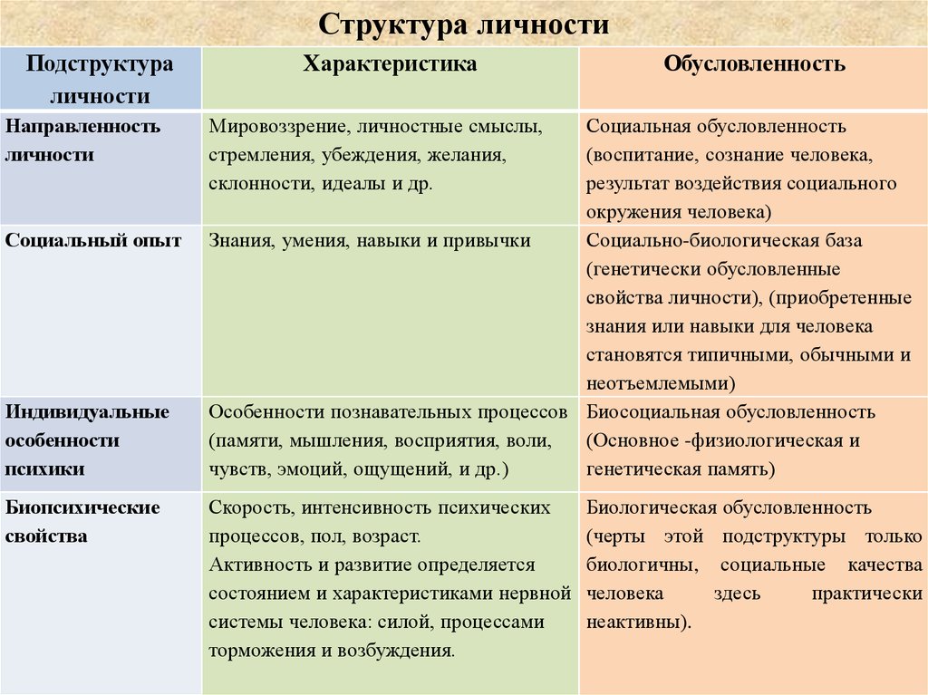 Укажите не менее двух характеристик способностей человека. Структура личности подструктура личности. Биологическая структура личности.