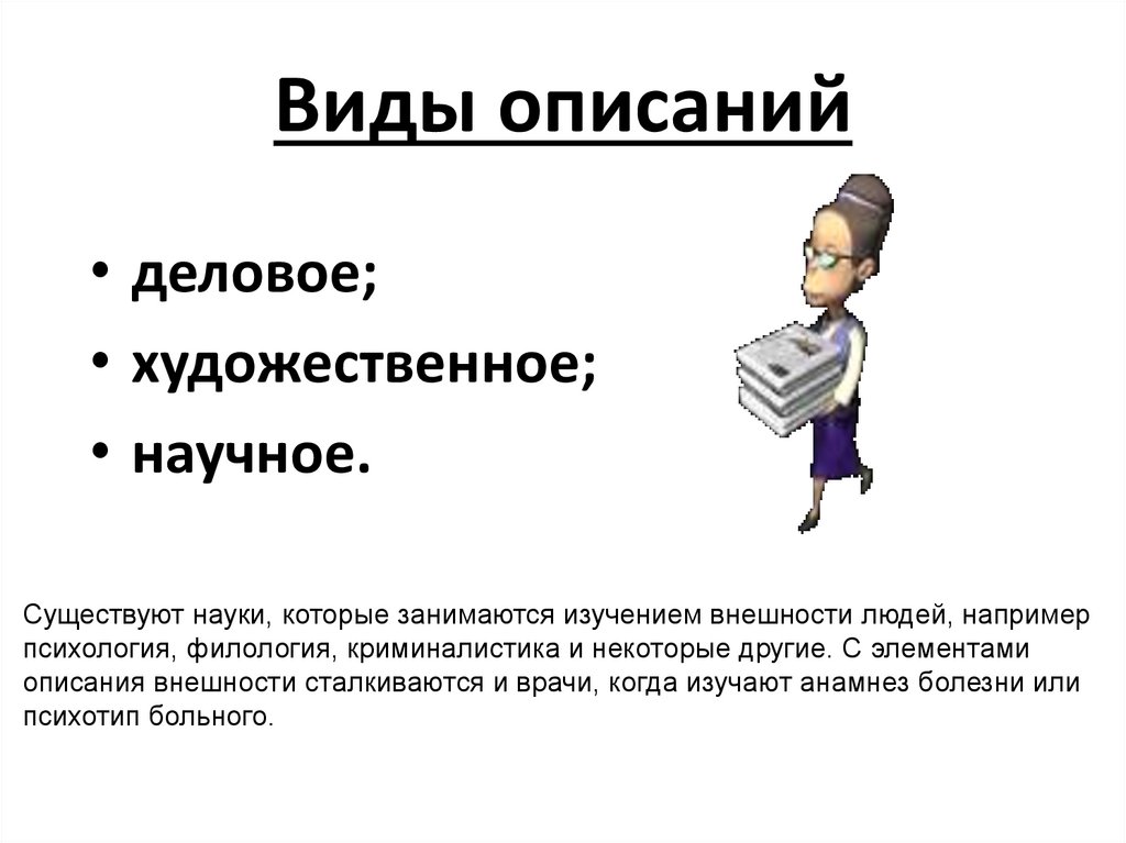 Виды описания. Деловое описание внешности человека. Деловое научное описание. Художественное описание внешности.