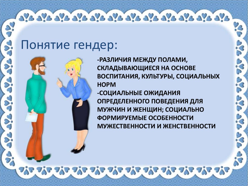 Различие полов. Понятие гендер. Понятия пол и гендер. Социальное ожидание определенного поведения для мужчин и женщин. Социальные различия между полами.