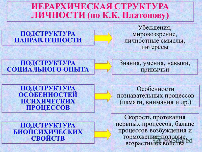 Структура личности социально психологическая характеристика личности. Иерархическая структура личности (к.к. Платонов). Подструктуры личности по Платонову. Структура личности по Платонову.