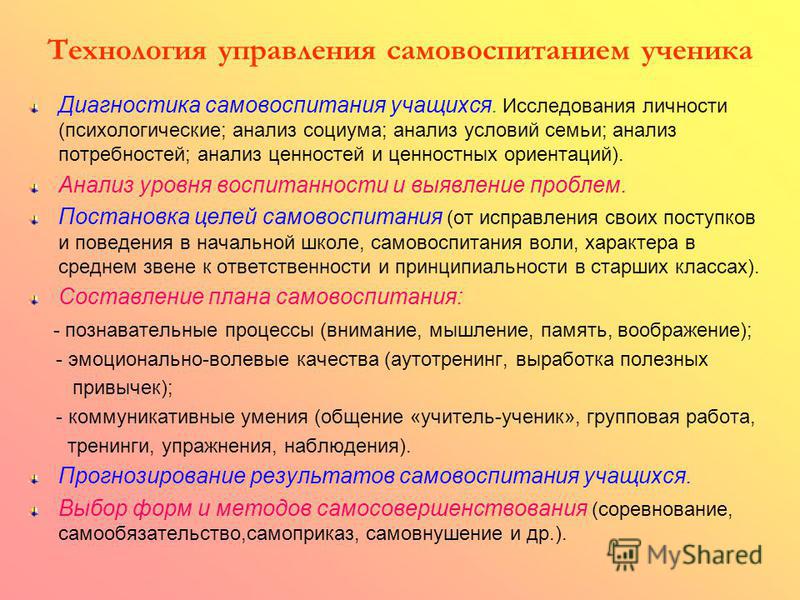 Процесс самовоспитания этапы и методы самовоспитания. Методики самовоспитания. Этапы процесса самовоспитания. Концепция самовоспитания школьников. Роль самовоспитания для педагога.