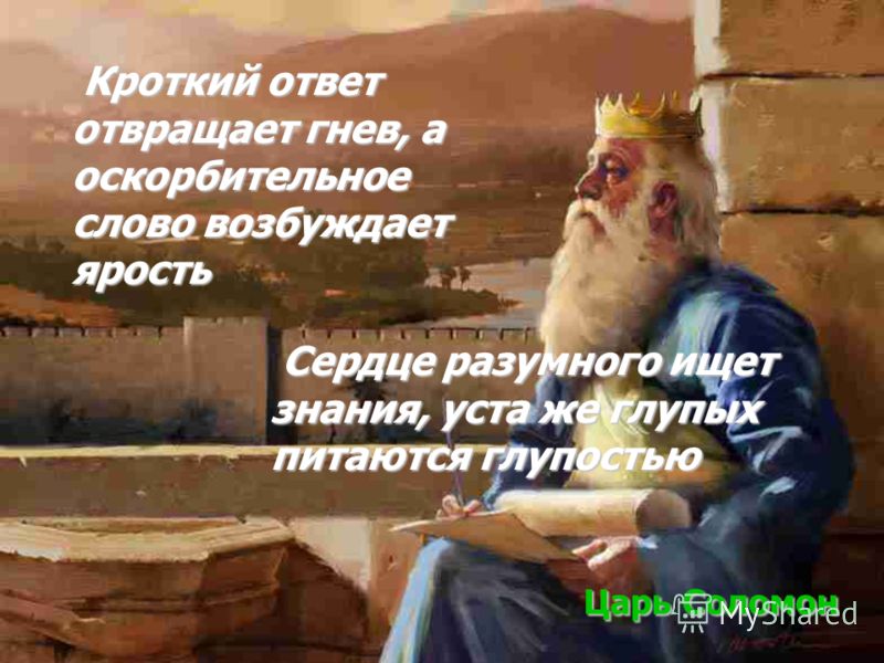 Короткое слово гнев. Кроткий ответ отвращает гнев а оскорбительное. Сердце разумного ищет знания уста же глупых питаются глупостью. Кроткий ответ отвращает. Сердце разумного ищет знания.