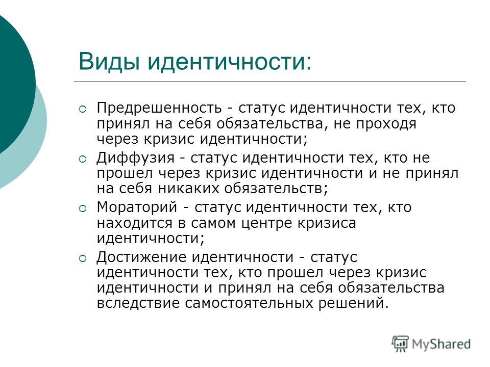 Кризисы социальной идентичности. Статусы идентичности. Виды идентичности. Предрешенная идентичность. Диффузная идентичность Эриксон.