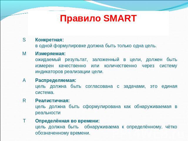 Критерии которым должна соответствовать smart цель проекта