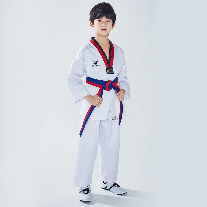 White Cotton Taekwondo Uniforms Karate Judo Taekwondo Dobok Clothes Children Adult Unisex Long Sleeve Suit TKD 