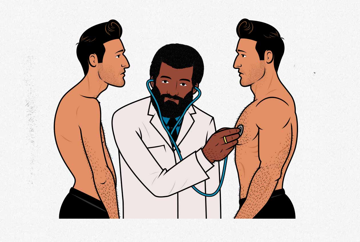 Illustration of a doctor checking a skinny and muscular man to see if they