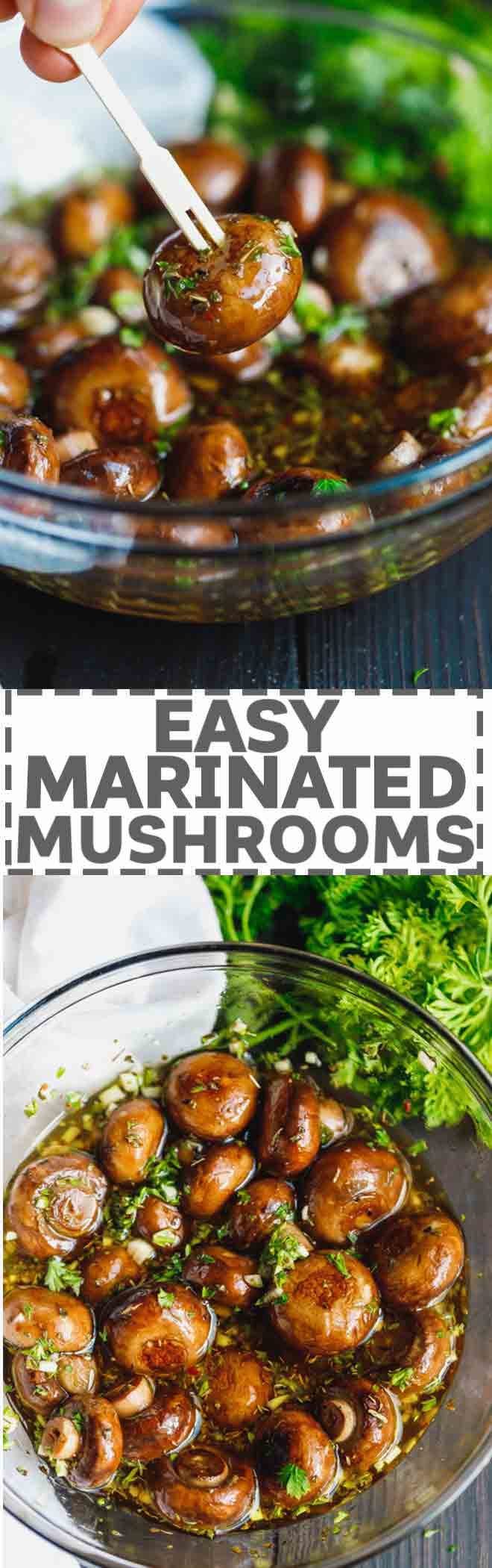 Easy marinaded mushrooms on an appetizer wooden pick
