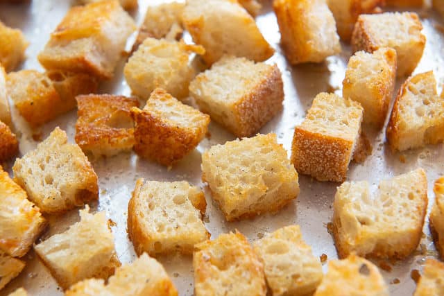 Fresh Croutons Baked on Sheet Pan with Golden Color