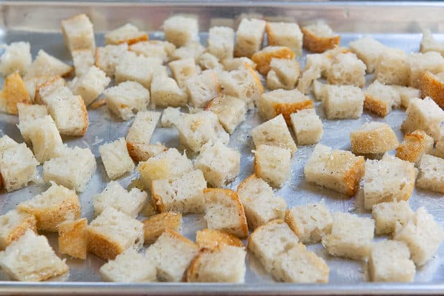 Homemade Croutons Recipe - Unbaked on a Sheet Pan before Browning